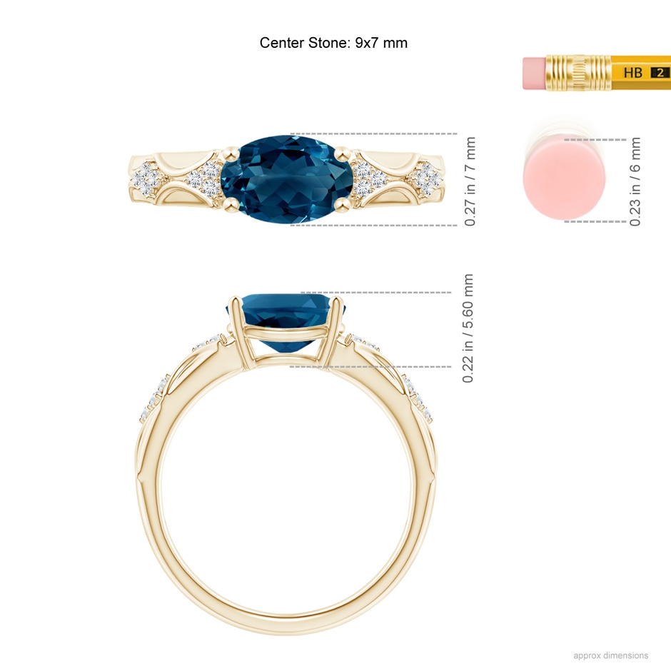 9x7mm AAAA Oval London Blue Topaz Vintage Style Ring with Diamond Accents in Yellow Gold ruler