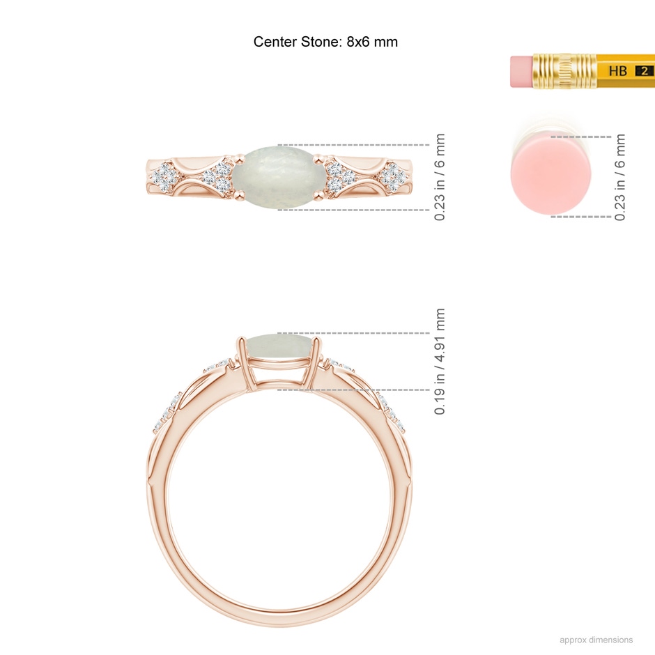 8x6mm A Oval Moonstone Vintage Style Ring with Diamond Accents in Rose Gold ruler