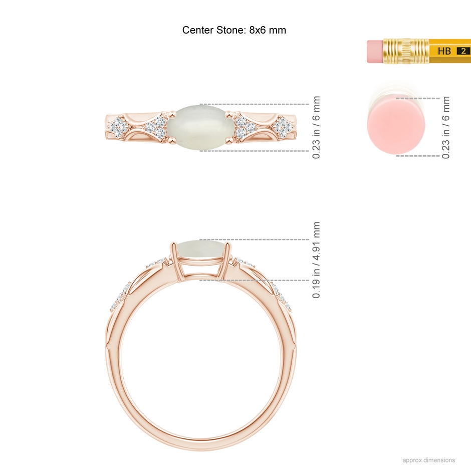 8x6mm AAA Oval Moonstone Vintage Style Ring with Diamond Accents in Rose Gold ruler