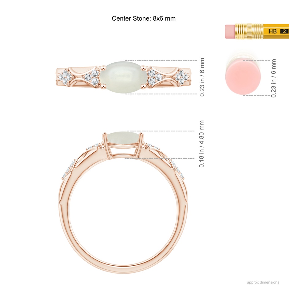 8x6mm AAAA Oval Moonstone Vintage Style Ring with Diamond Accents in 9K Rose Gold ruler