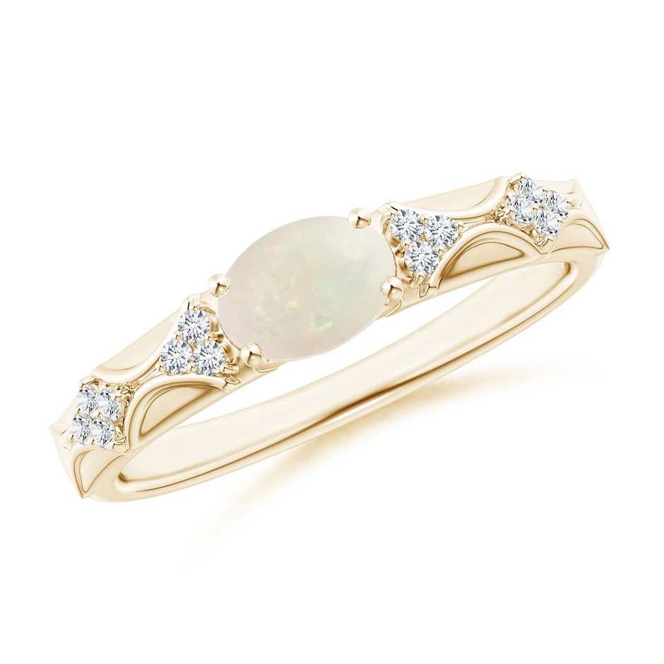 7x5mm A Oval Opal Vintage Style Ring with Diamond Accents in 9K Yellow Gold 