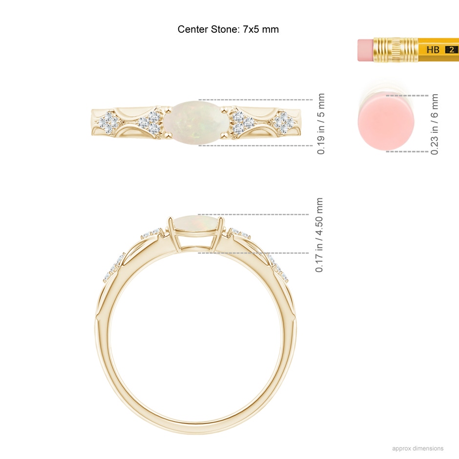 7x5mm A Oval Opal Vintage Style Ring with Diamond Accents in 9K Yellow Gold Ruler