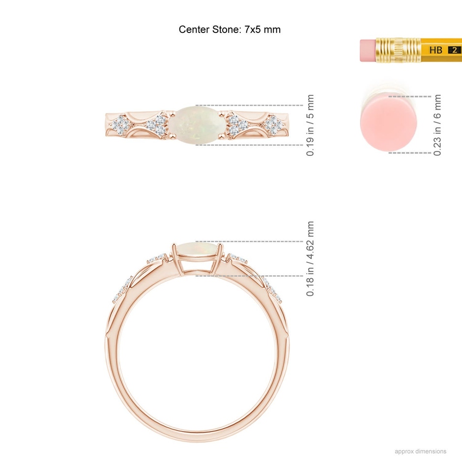 7x5mm A Oval Opal Vintage Style Ring with Diamond Accents in Rose Gold ruler