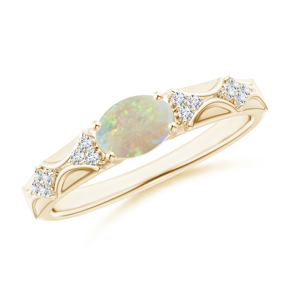 7x5mm AAA Oval Opal Vintage Style Ring with Diamond Accents in Yellow Gold 