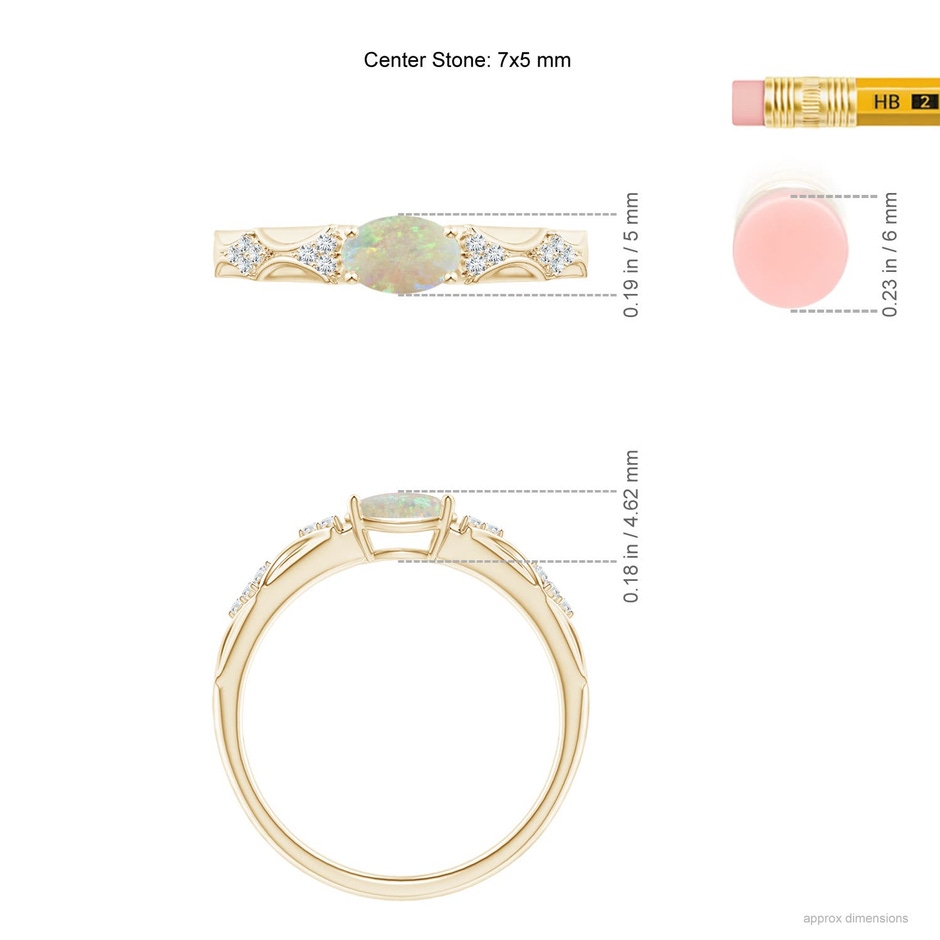 7x5mm AAA Oval Opal Vintage Style Ring with Diamond Accents in Yellow Gold ruler
