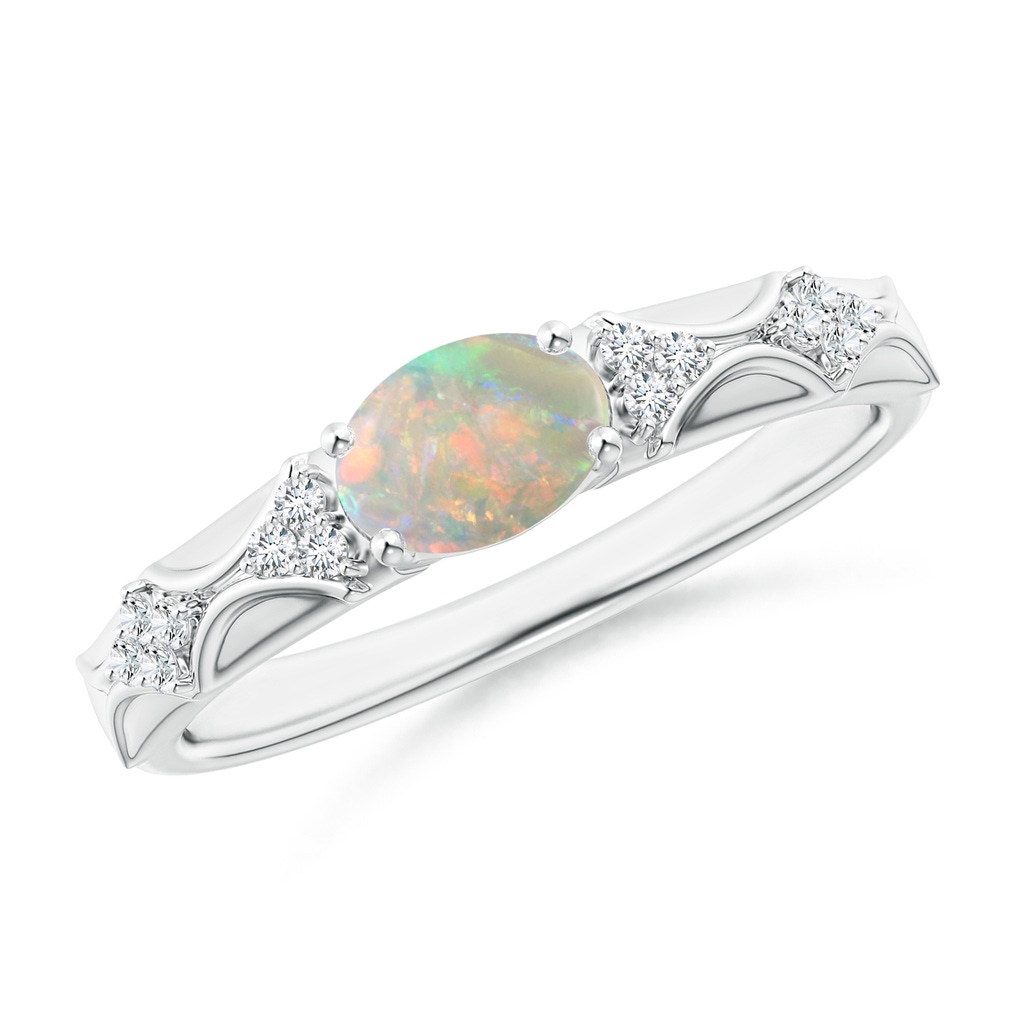 7x5mm AAAA Oval Opal Vintage Style Ring with Diamond Accents in White Gold