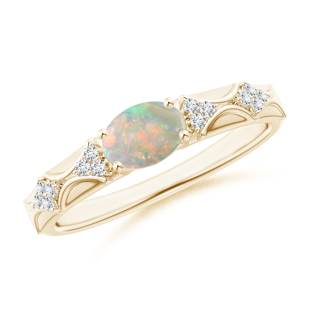 7x5mm AAAA Oval Opal Vintage Style Ring with Diamond Accents in Yellow Gold