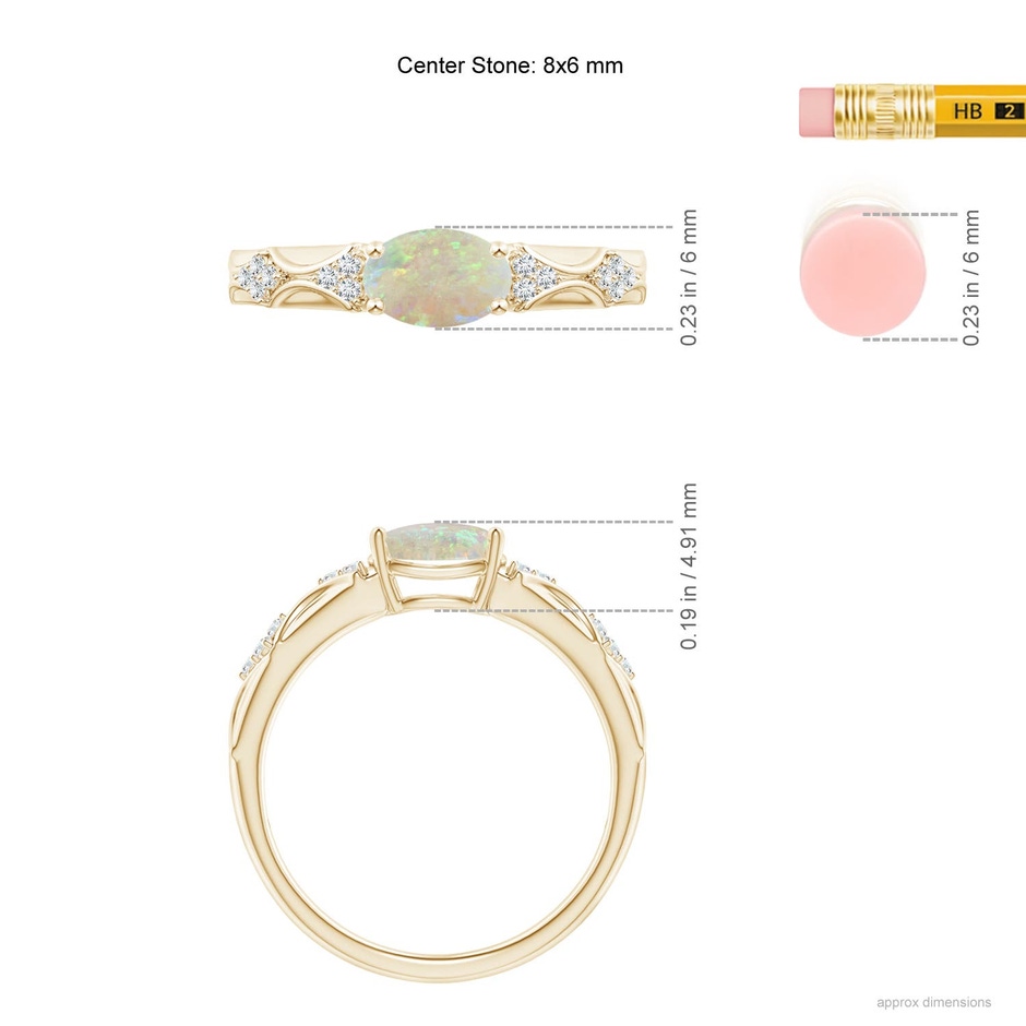 8x6mm AAA Oval Opal Vintage Style Ring with Diamond Accents in 18K Yellow Gold ruler