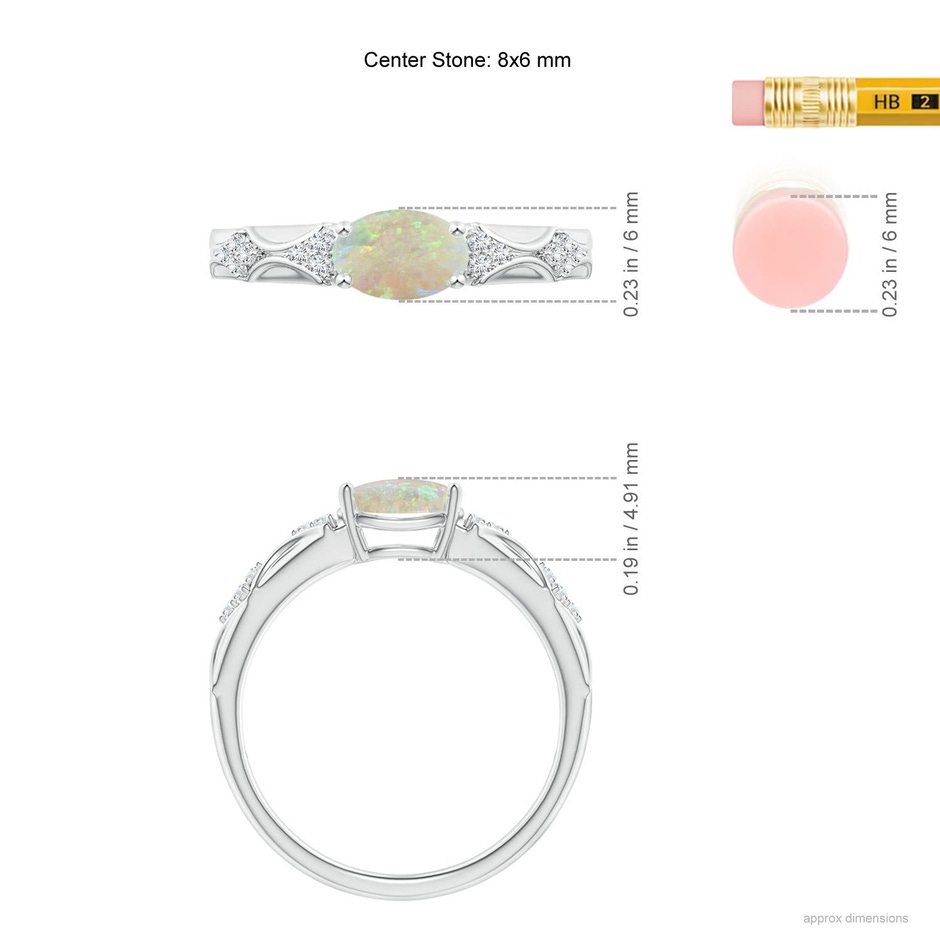 8x6mm AAA Oval Opal Vintage Style Ring with Diamond Accents in P950 Platinum ruler