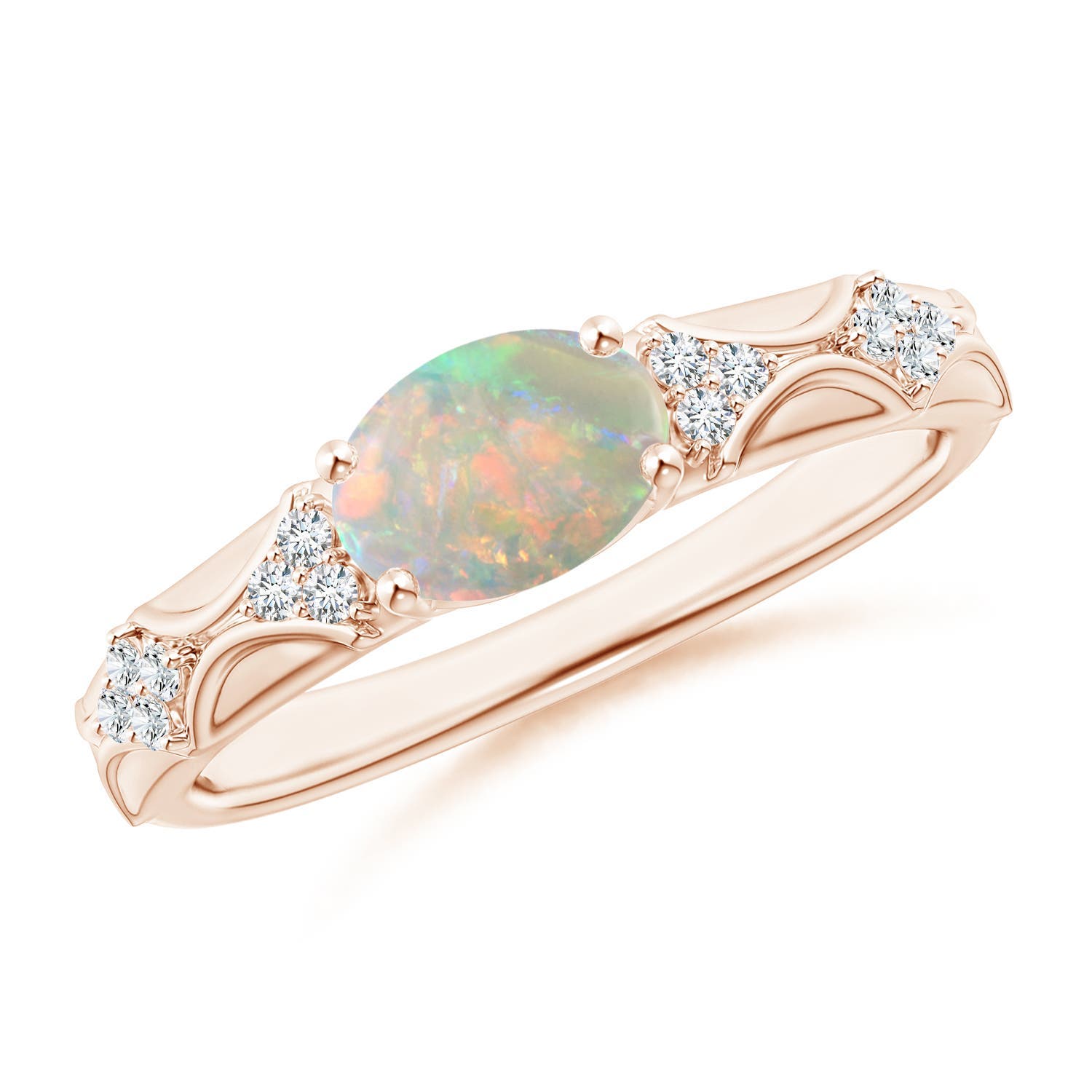 8x6mm AAAA Oval Opal Vintage Style Ring with Diamond Accents in 18K Rose Gold