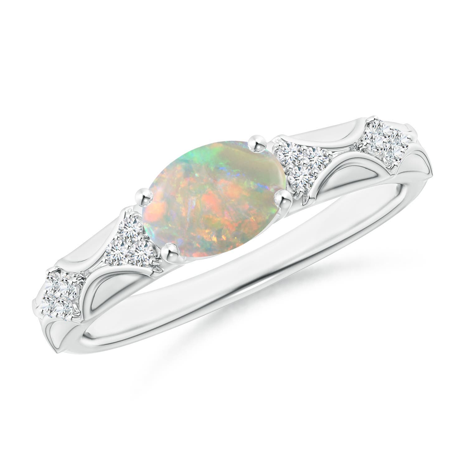 8x6mm AAAA Oval Opal Vintage Style Ring with Diamond Accents in 18K White Gold