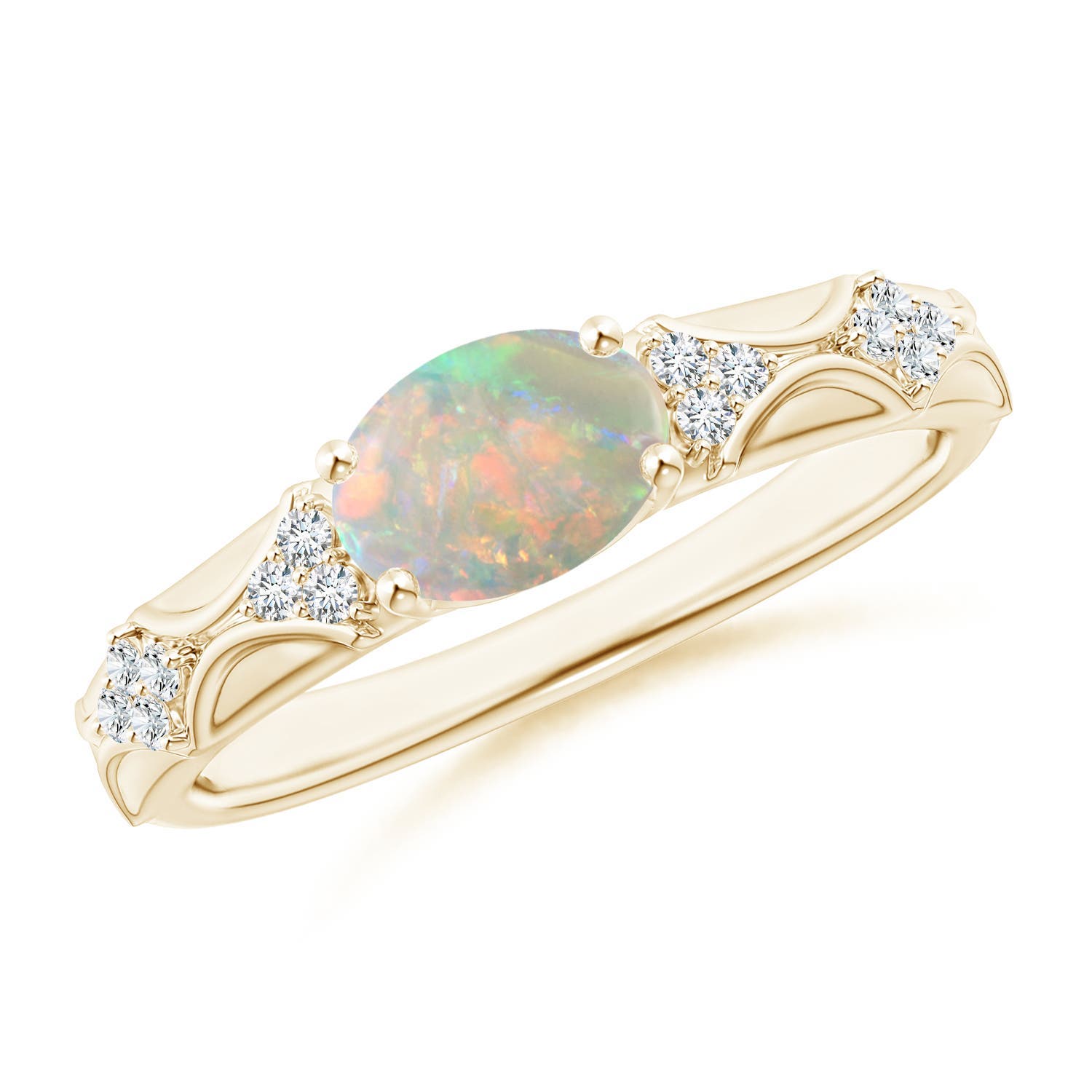 8x6mm AAAA Oval Opal Vintage Style Ring with Diamond Accents in 18CT Yellow Gold