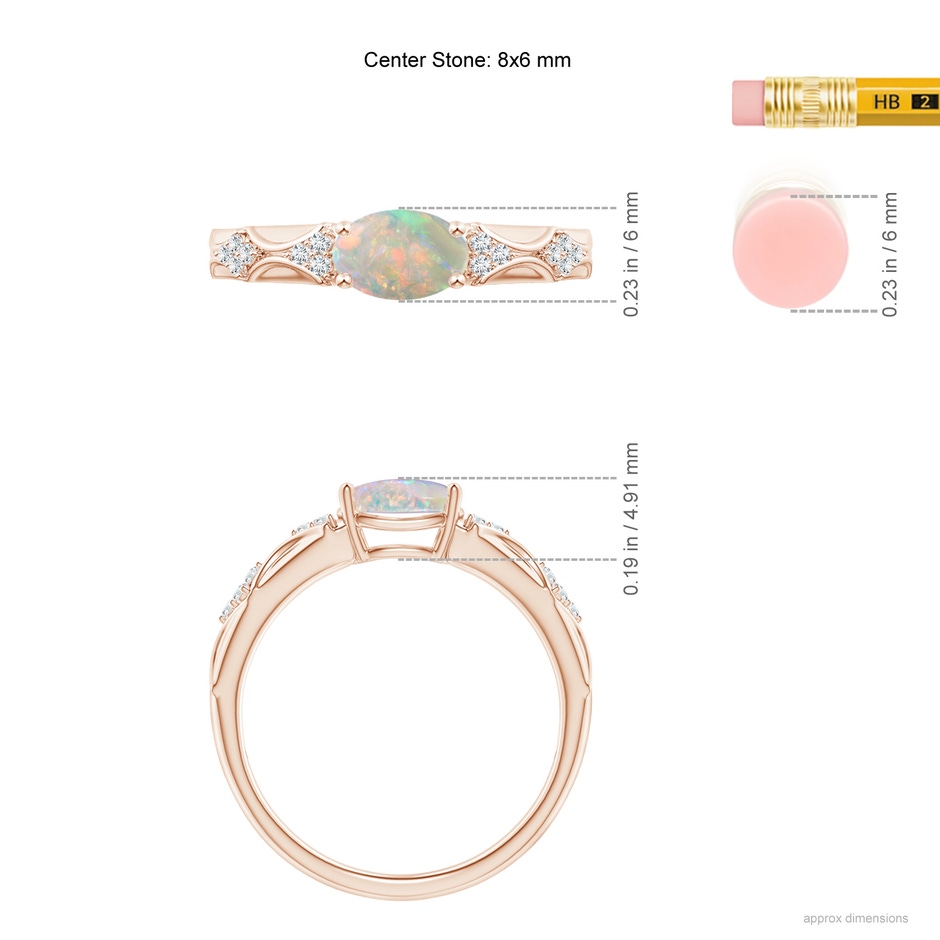 8x6mm AAAA Oval Opal Vintage Style Ring with Diamond Accents in Rose Gold ruler