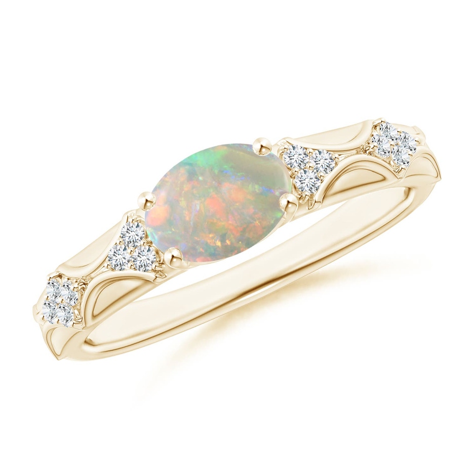 8x6mm AAAA Oval Opal Vintage Style Ring with Diamond Accents in Yellow Gold 