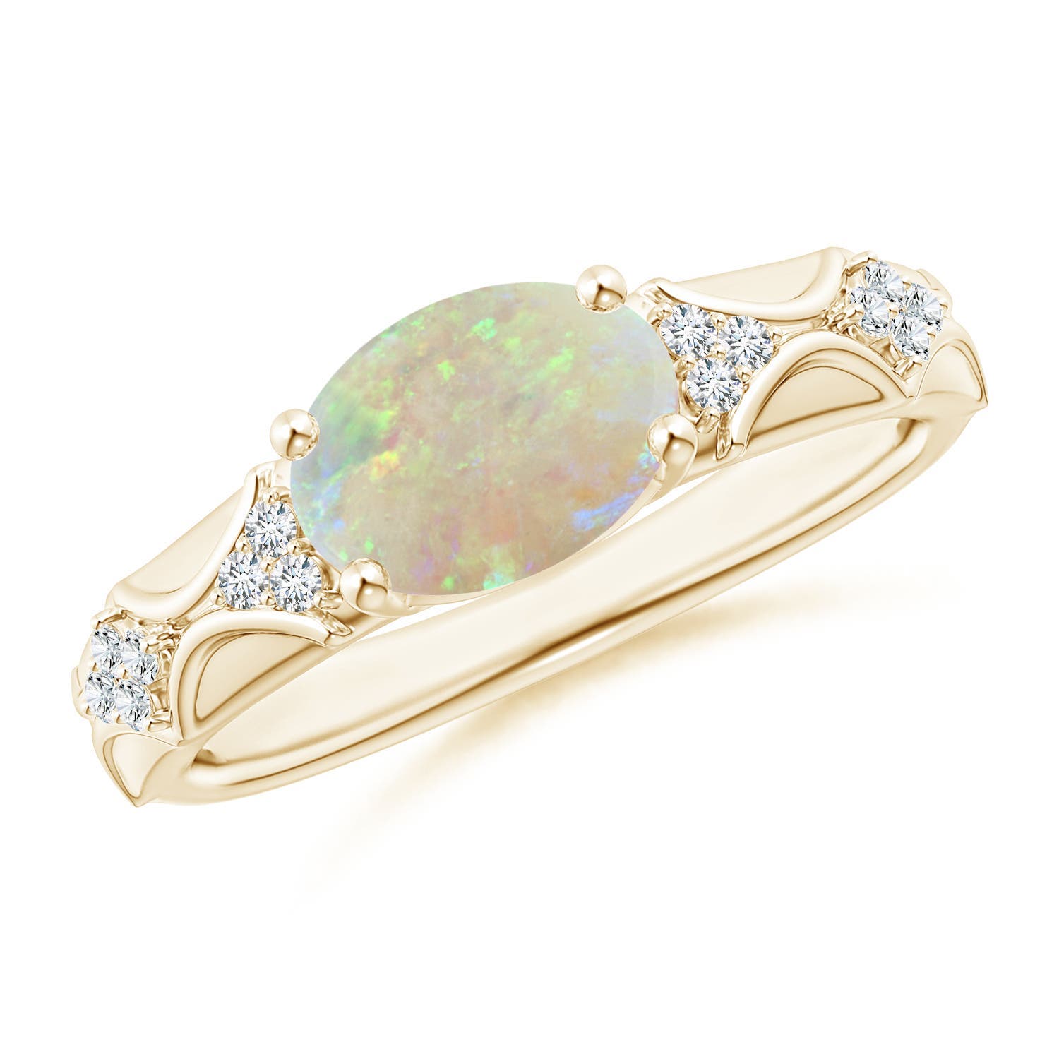 9x7mm AAA Oval Opal Vintage Style Ring with Diamond Accents in 18K Yellow Gold