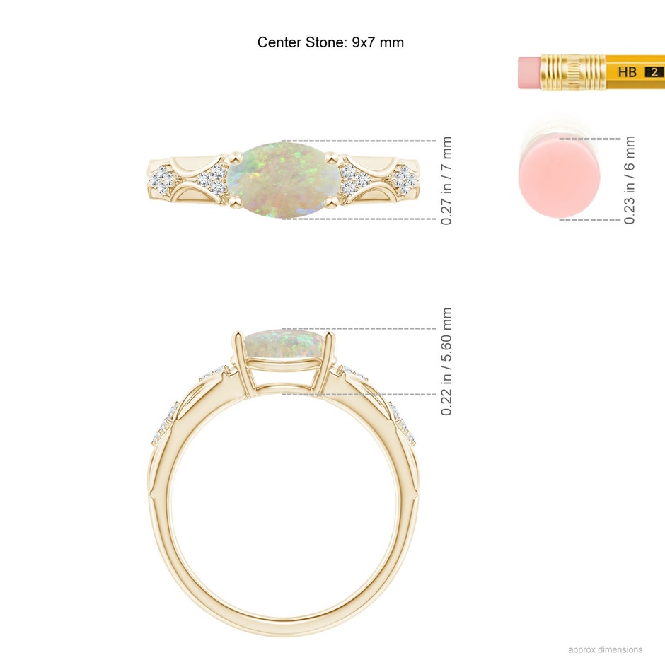 9x7mm AAA Oval Opal Vintage Style Ring with Diamond Accents in Yellow Gold ruler