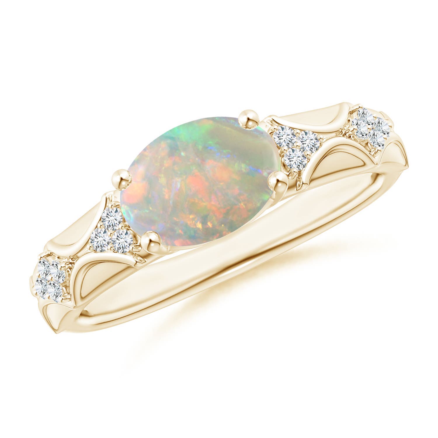 9x7mm AAAA Oval Opal Vintage Style Ring with Diamond Accents in 18K Yellow Gold