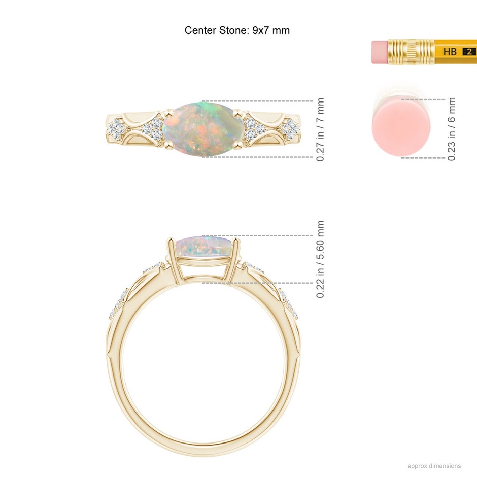 9x7mm AAAA Oval Opal Vintage Style Ring with Diamond Accents in 18K Yellow Gold ruler