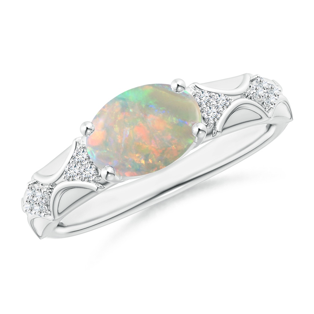 9x7mm AAAA Oval Opal Vintage Style Ring with Diamond Accents in White Gold