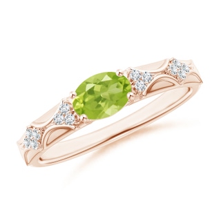 7x5mm AA Oval Peridot Vintage Style Ring with Diamond Accents in 9K Rose Gold