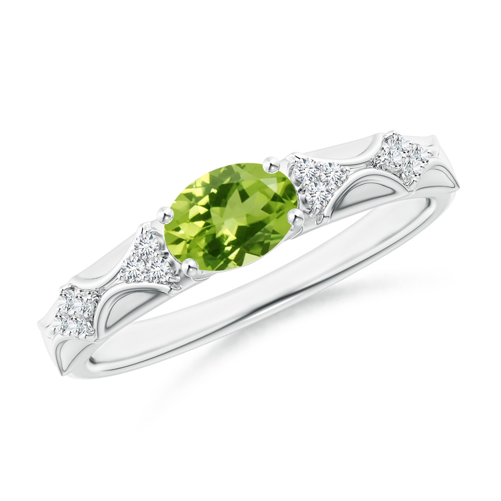 7x5mm AAA Oval Peridot Vintage Style Ring with Diamond Accents in 10K White Gold