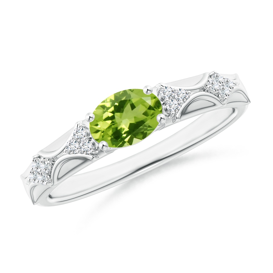 7x5mm AAA Oval Peridot Vintage Style Ring with Diamond Accents in 10K White Gold 