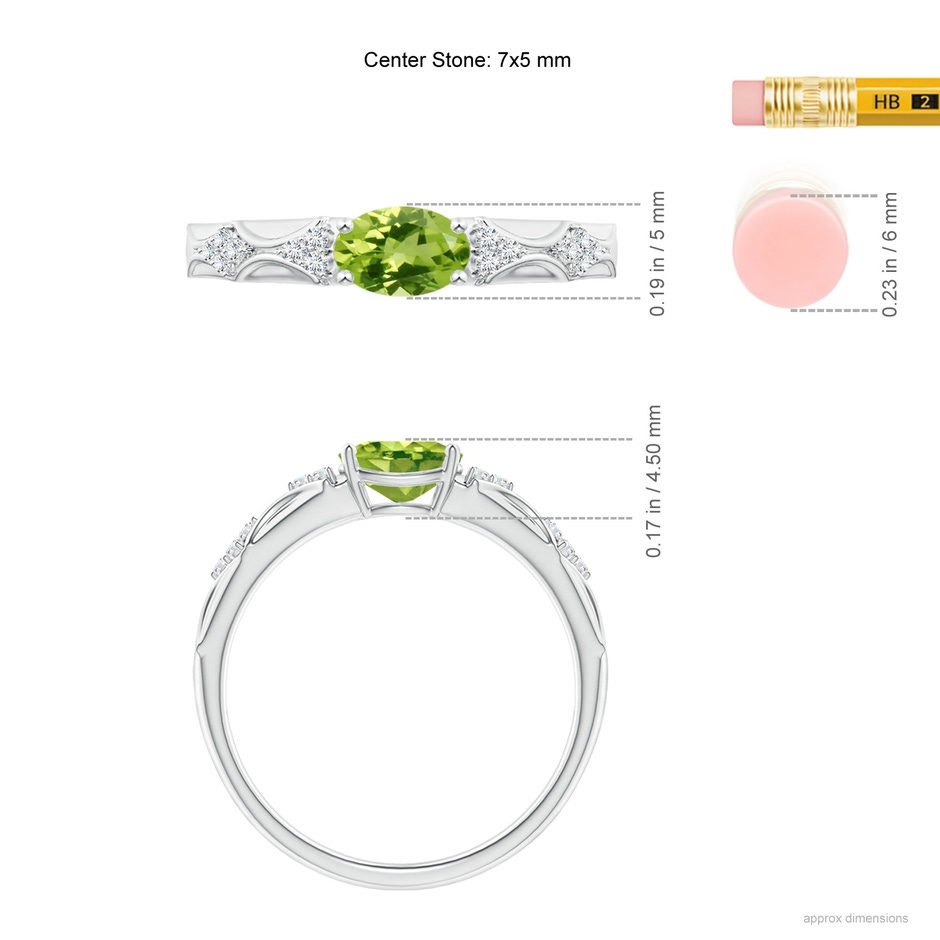 7x5mm AAA Oval Peridot Vintage Style Ring with Diamond Accents in 10K White Gold ruler