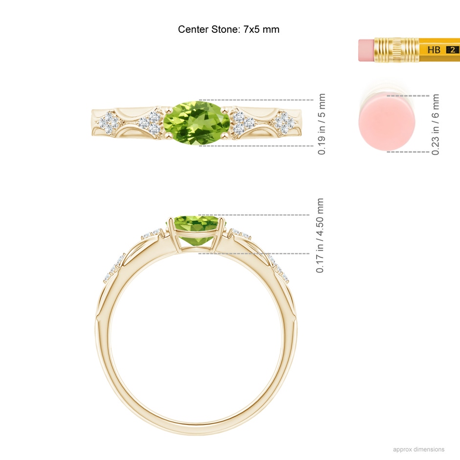 7x5mm AAA Oval Peridot Vintage Style Ring with Diamond Accents in Yellow Gold ruler