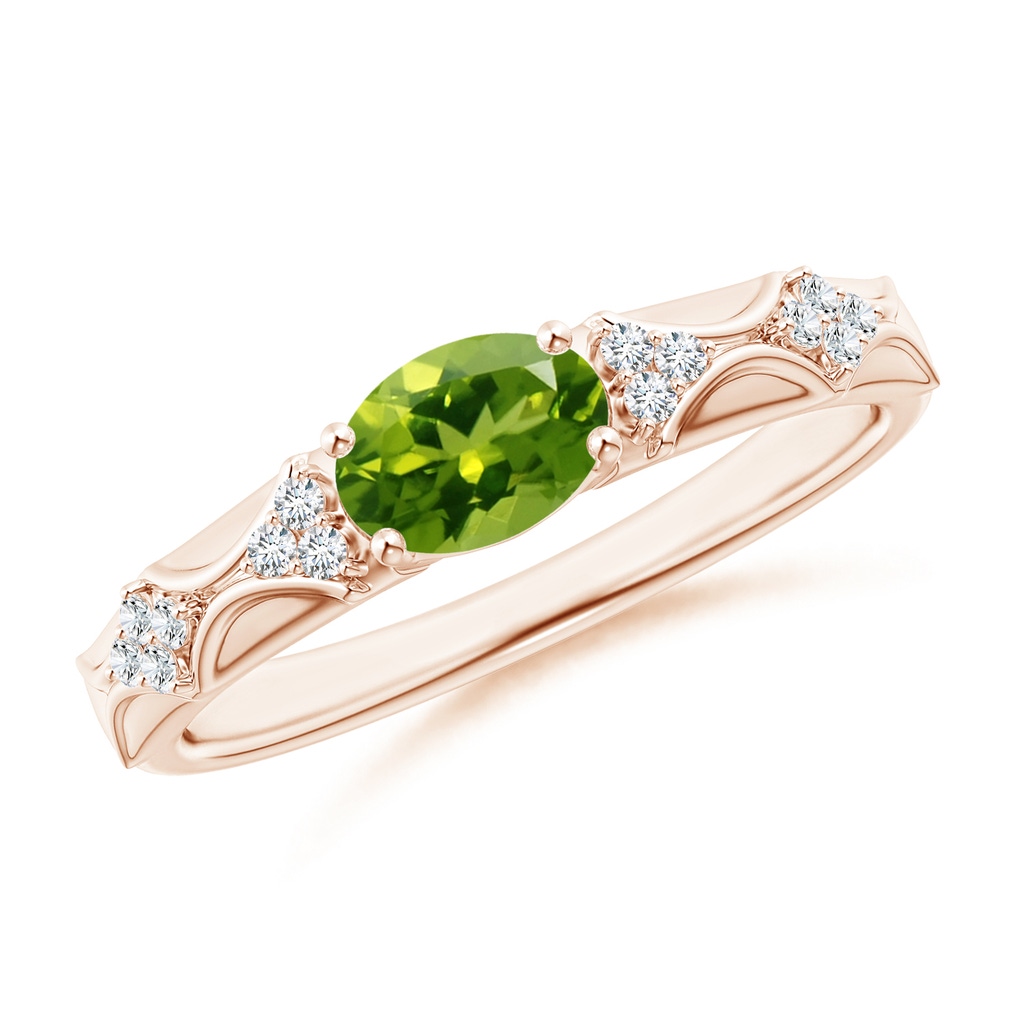 7x5mm AAAA Oval Peridot Vintage Style Ring with Diamond Accents in Rose Gold
