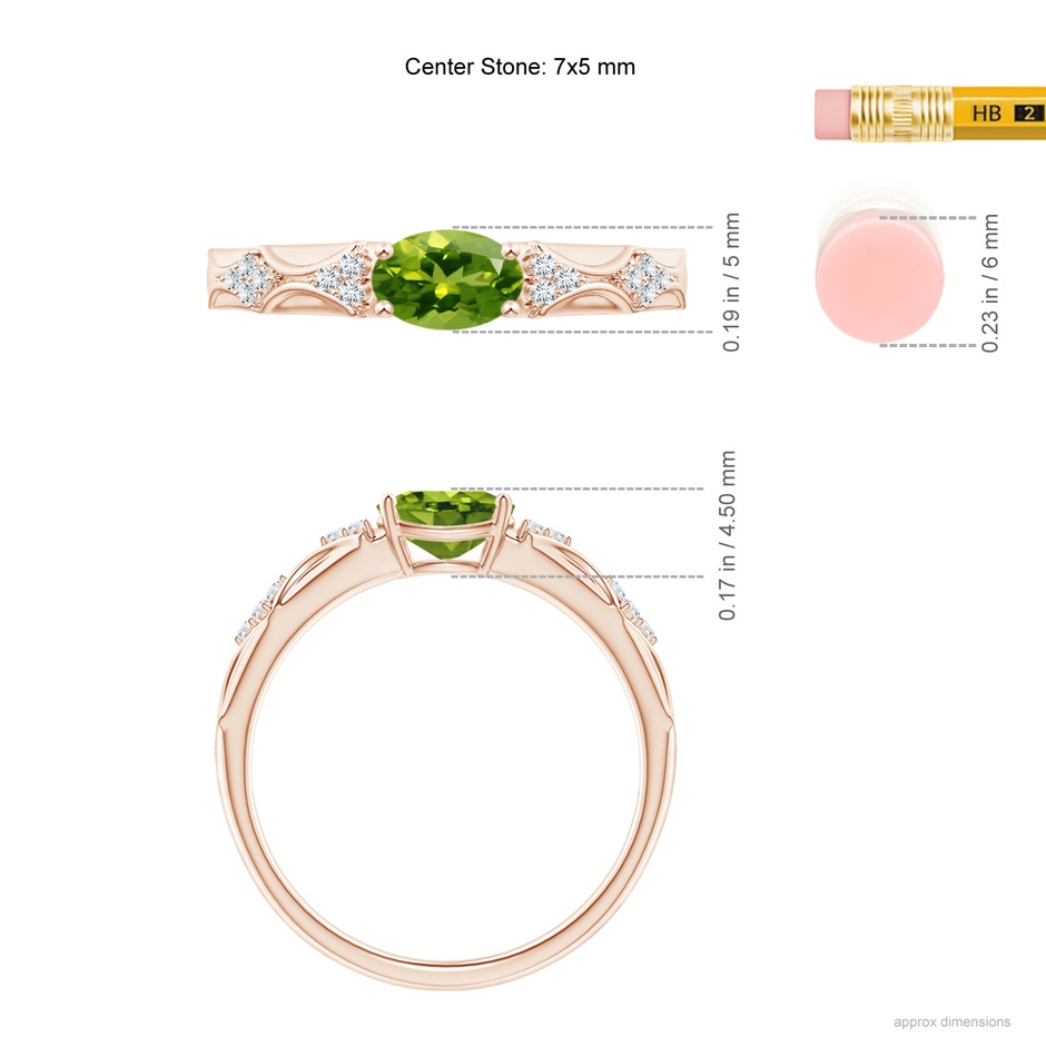 7x5mm AAAA Oval Peridot Vintage Style Ring with Diamond Accents in Rose Gold ruler