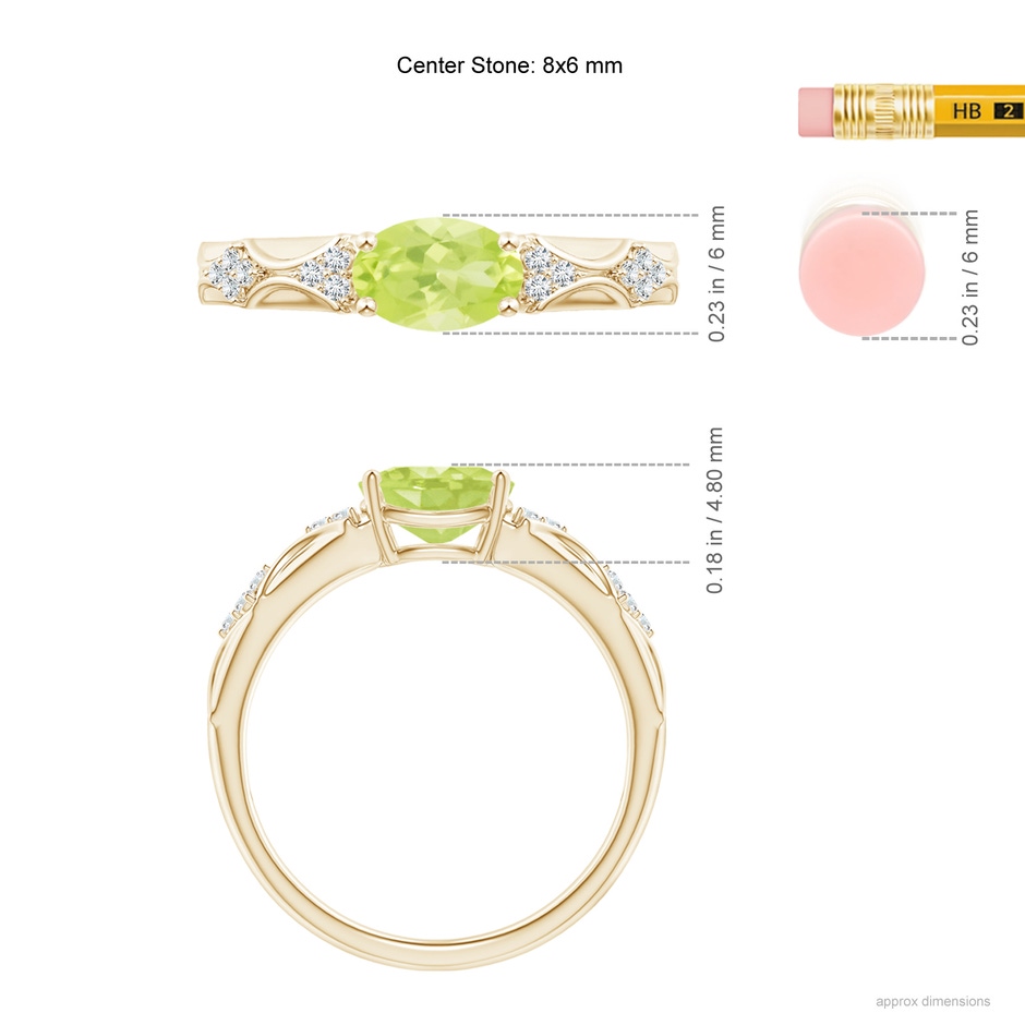 8x6mm A Oval Peridot Vintage Style Ring with Diamond Accents in Yellow Gold ruler