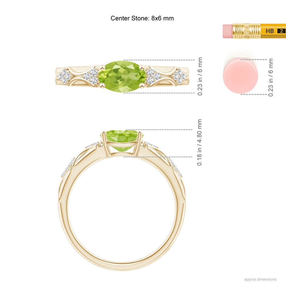 8x6mm AA Oval Peridot Vintage Style Ring with Diamond Accents in Yellow Gold ruler