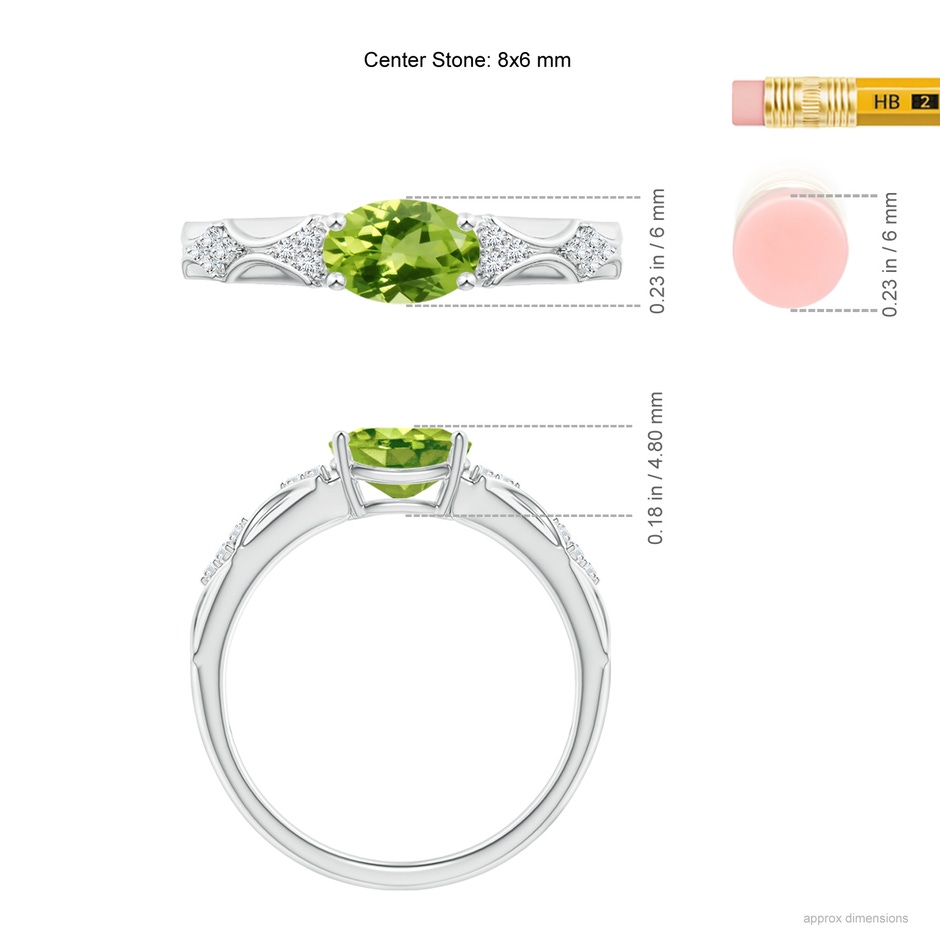 8x6mm AAA Oval Peridot Vintage Style Ring with Diamond Accents in White Gold ruler
