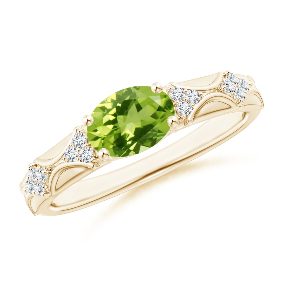 8x6mm AAA Oval Peridot Vintage Style Ring with Diamond Accents in Yellow Gold 