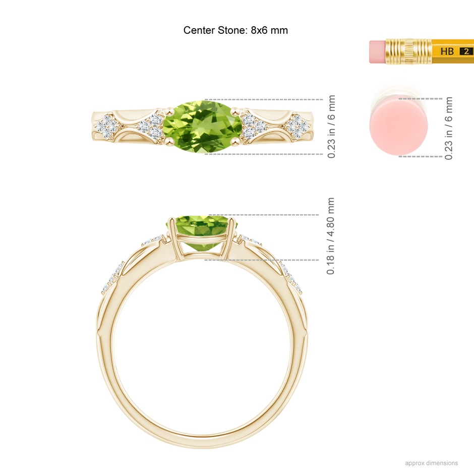 8x6mm AAA Oval Peridot Vintage Style Ring with Diamond Accents in Yellow Gold ruler