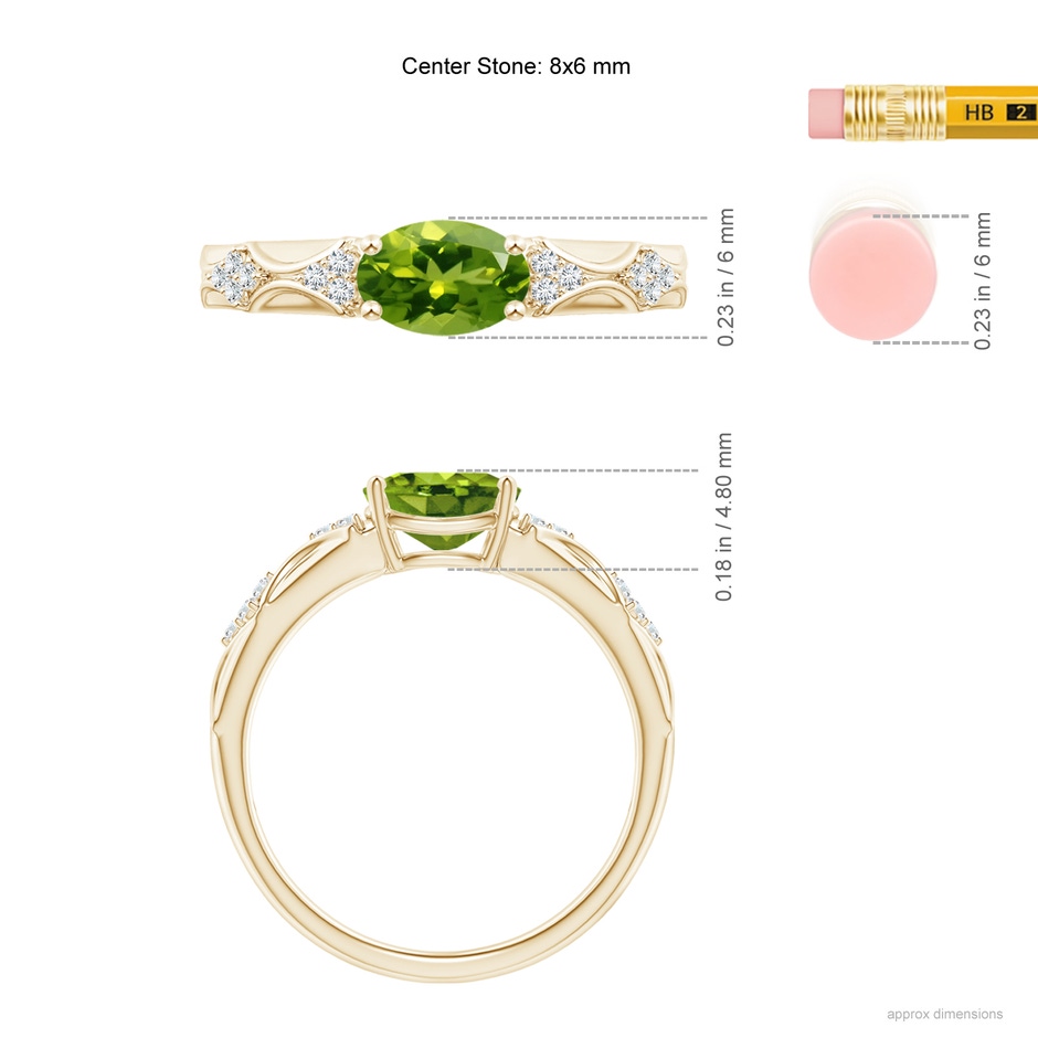8x6mm AAAA Oval Peridot Vintage Style Ring with Diamond Accents in Yellow Gold ruler