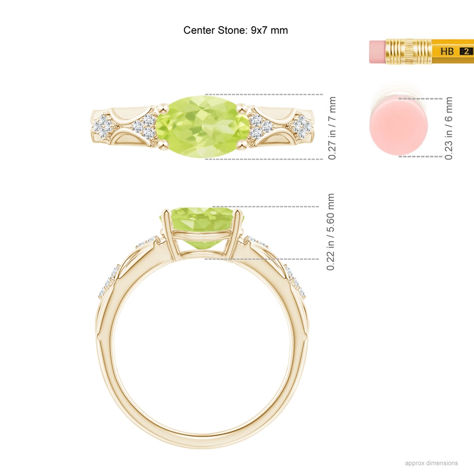 9x7mm A Oval Peridot Vintage Style Ring with Diamond Accents in Yellow Gold ruler