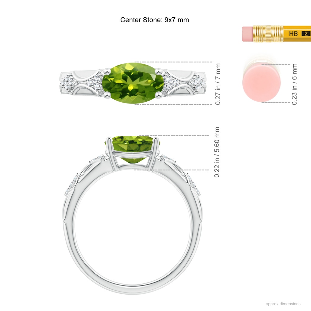 9x7mm AAAA Oval Peridot Vintage Style Ring with Diamond Accents in P950 Platinum Ruler