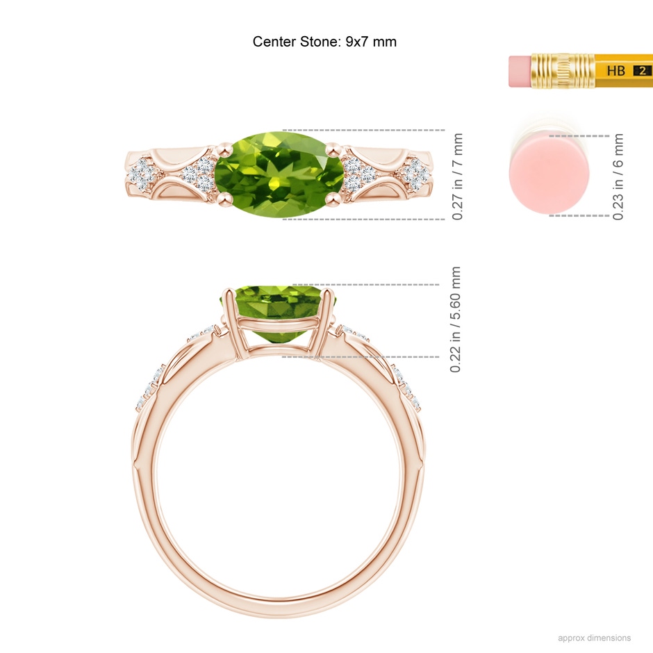 9x7mm AAAA Oval Peridot Vintage Style Ring with Diamond Accents in Rose Gold ruler