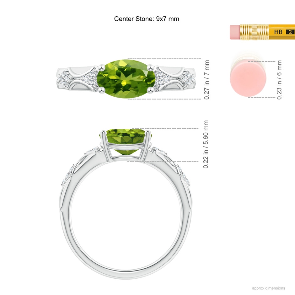 9x7mm AAAA Oval Peridot Vintage Style Ring with Diamond Accents in White Gold ruler