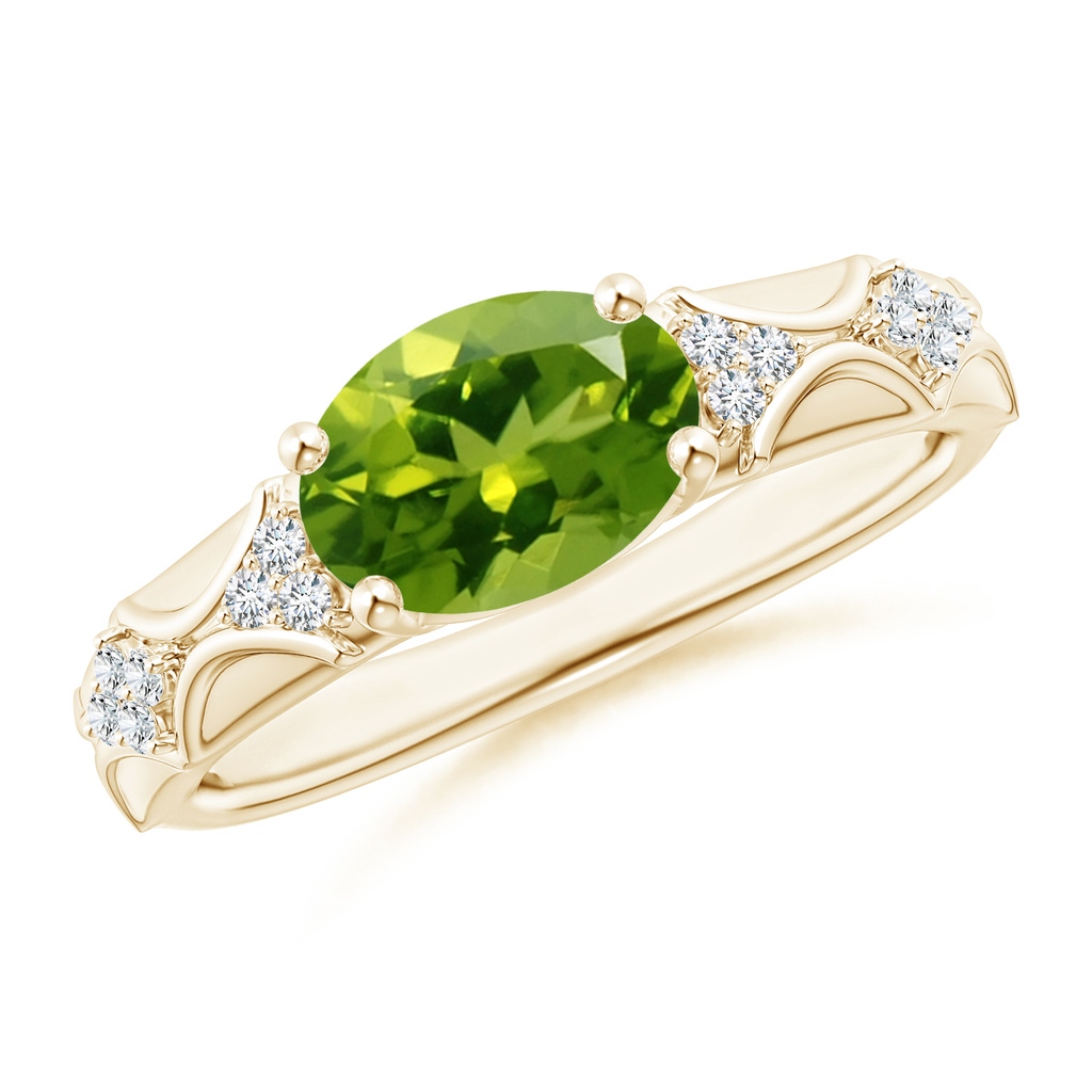 9x7mm AAAA Oval Peridot Vintage Style Ring with Diamond Accents in Yellow Gold