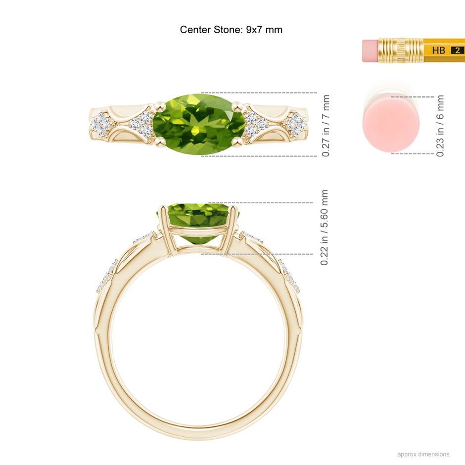 9x7mm AAAA Oval Peridot Vintage Style Ring with Diamond Accents in Yellow Gold ruler