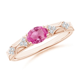 7x5mm AAA Oval Pink Sapphire Vintage Style Ring with Diamond Accents in Rose Gold