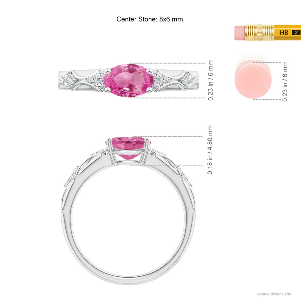 8x6mm AAA Oval Pink Sapphire Vintage Style Ring with Diamond Accents in White Gold Ruler