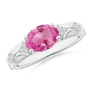 9x7mm AAA Oval Pink Sapphire Vintage Style Ring with Diamond Accents in White Gold
