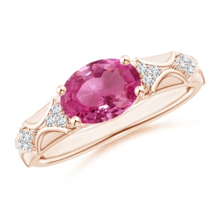 9x7mm AAAA Oval Pink Sapphire Vintage Style Ring with Diamond Accents in Rose Gold