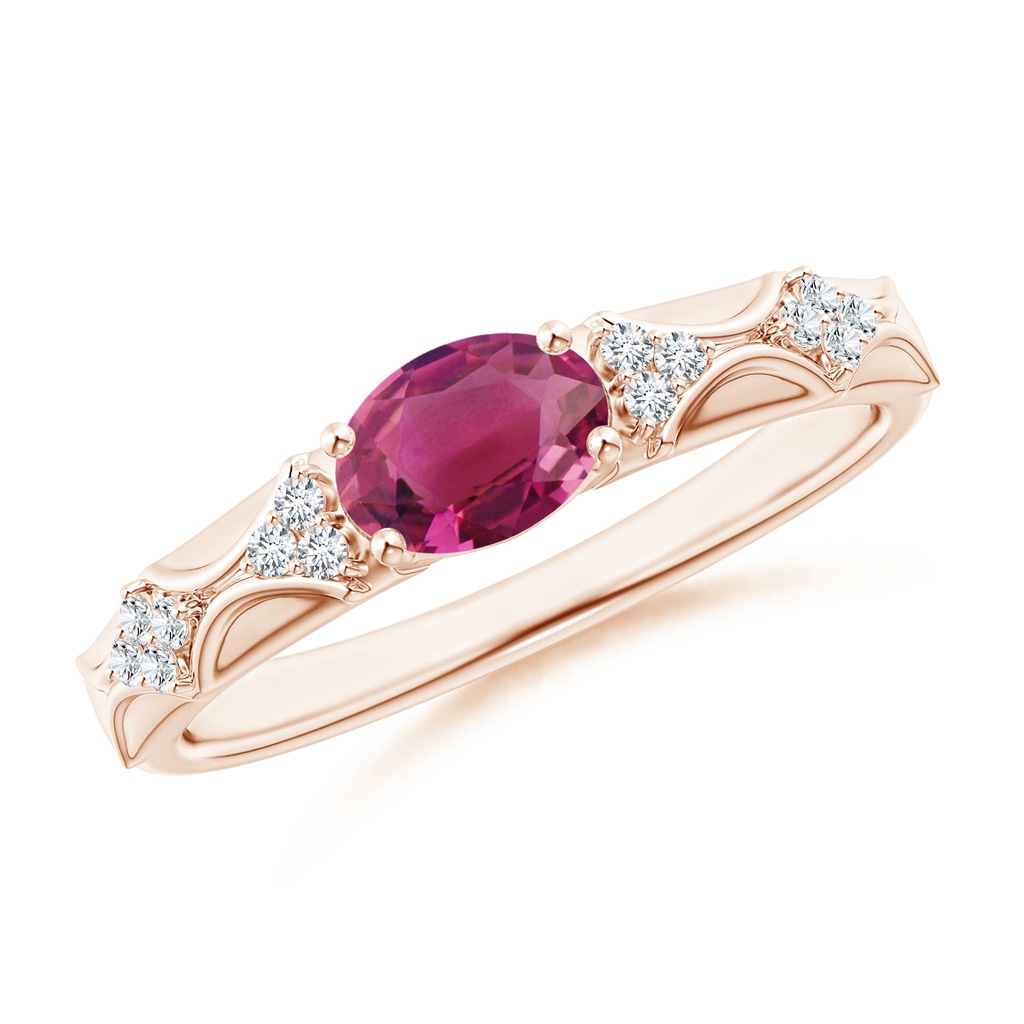 7x5mm AAAA Oval Pink Tourmaline Vintage Style Ring with Diamond Accents in Rose Gold