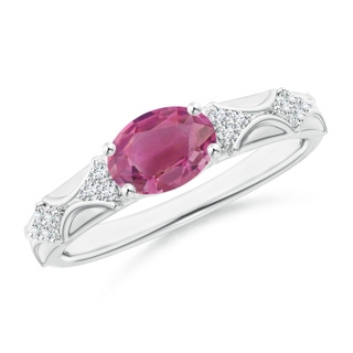8x6mm AAA Oval Pink Tourmaline Vintage Style Ring with Diamond Accents in White Gold