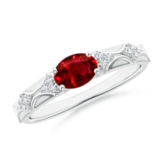 7x5mm AAAA Oval Ruby Vintage Style Ring with Diamond Accents in White Gold