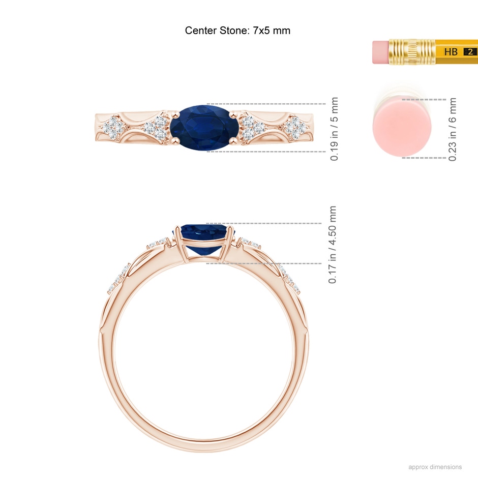 7x5mm AA Oval Blue Sapphire Vintage Style Ring with Diamond Accents in Rose Gold ruler